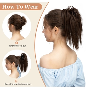 Step-by-step instructions for wearing dark brown jaw clip-in ponytail extension hairpiece