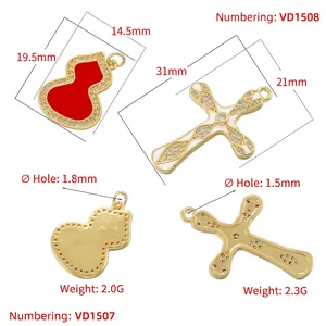 Enameled gourd and zircon-set cross pendants in copper with dimensions and weight info