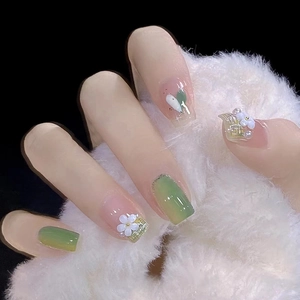 Green Gradient Press On Nails With 3D Flower Artificial Pearl Decor Long Square French Style Elegant False Nails