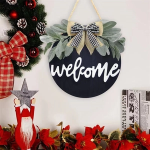 Round Welcome Door Sign Wood Hanging Plaque With Artificial Greenery Plaid Bow Christmas Home Decor Farmhouse Style