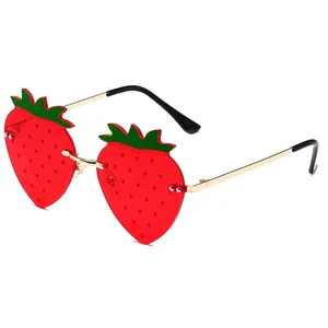 Strawberry Shaped Sunglasses Rimless Metal Frame UV400 Protection Funny Personalized Fruit Eyewear Party Festival Rave