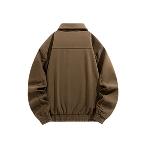 Back view of dark brown jacket with lapel collar and ribbed hem texture details