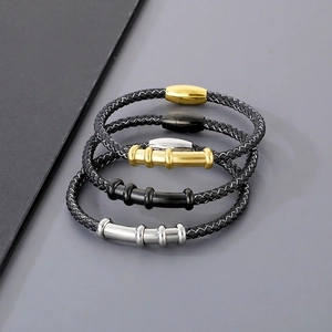 Men Braided Leather Cord Bracelet Stainless Steel Magnetic Buckle Geometric Tube Bangle Casual Fashion Jewelry