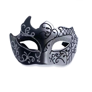 Detail of masquerade half mask featuring black and silver glitter patterns and vine textures