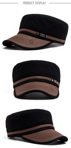 Three-view detail of black military cap with brown leather brim and metal star logo