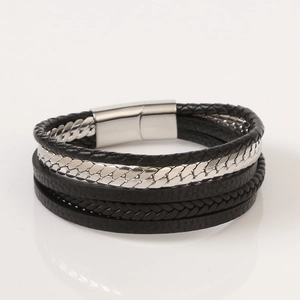 Retro multi-layer hand-woven leather bracelet with stainless steel magnetic clasp for men