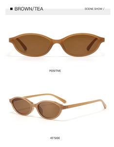 Detail view of oval tea-colored sunglasses from positive and 45-degree side angles