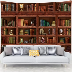 Detail of vintage bookshelf tapestry showing high-definition digital print texture