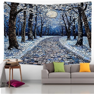 Detail of forest moon tapestry showing mosaic art style and vibrant dark blue scenery