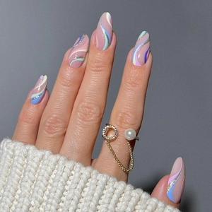 Colorful Wave Abstract Almond Press On Nails 24Pcs Set Pink Blue Flowing Line Gold Glitter Fashion Wearable Fake Nails