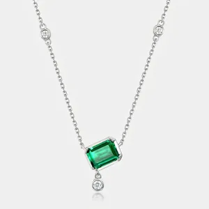 Lab-Grown Emerald Necklace 925 Sterling Silver Emerald Cut Green Gemstone Geometric Pendant For Women Elegant Jewelry
