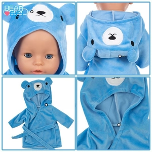 Detail view of sky blue bear-themed hooded bathrobe for 18-inch dolls with soft fleece