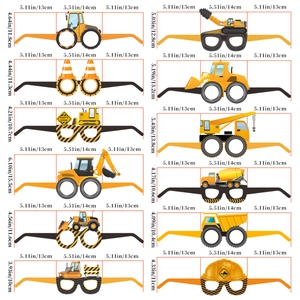 Set of 12 construction themed paper party glasses with excavators and dimensions
