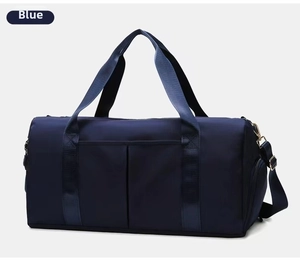 Blue large capacity fitness bag with shoe compartment and adjustable shoulder strap