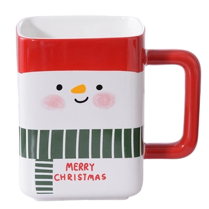 Square ceramic Santa snowman Christmas mug with red handle and Merry Christmas text