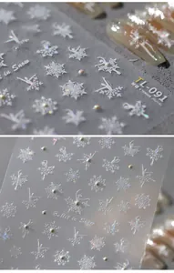 Macro detail of laser Christmas nail stickers with 3D ballet dancer and snowflake patterns