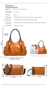 Detailed size specifications for three-piece vintage tote bag and shoulder bag set