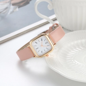 Elegant ladies square quartz watch with pink leather strap and gold metal case