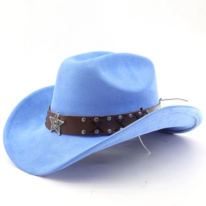Detail of blue suede cowboy hat featuring brown leather band and silver star emblem