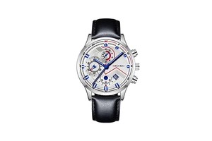 Detail of MREURIO men's watch with white dial, blue hands, and black leather strap