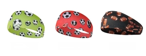 Close-up of elastic sports headbands featuring soccer and football printed patterns