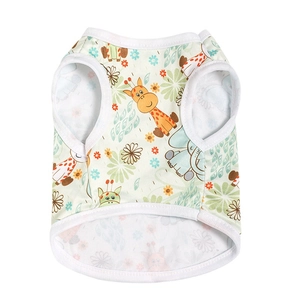 Summer polyester dog vest with cute giraffe and elephant prints on breathable beige fabric