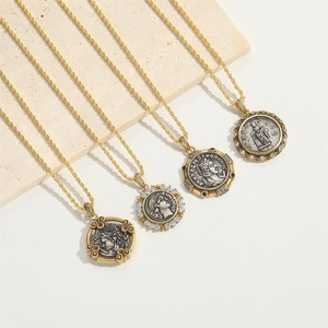 Retro gold coin pendants necklaces with twisted chain and sparkling green gemstones set