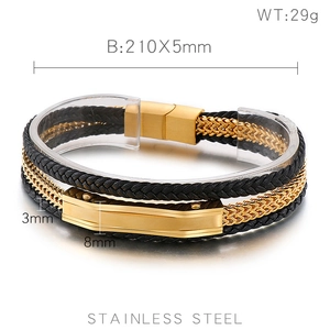 Men's multilayer braided leather bracelet with black and gold stainless steel chain