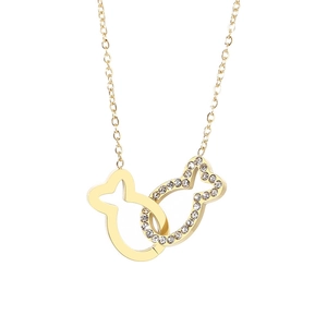 Collana dorata con ciondolo a due pesci e strass scintillanti, catena elegante
