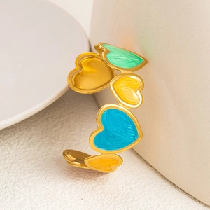 18K gold plated stainless steel open bangle with colorful enamel heart charms