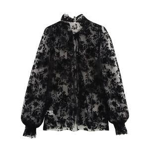 Elegant black lace long sleeve blouse with floral pattern and high neck design
