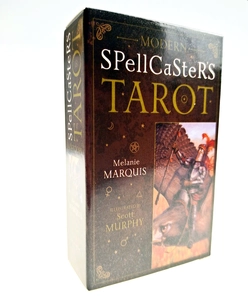 Close-up of Modern Spellcaster's Tarot box featuring artwork by Scott Murphy on white background