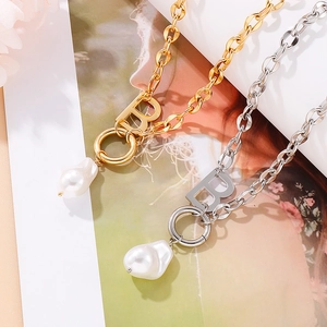 European style letter B pendant necklace with chunky chain and baroque pearl details