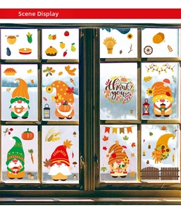 Detail of Autumn window clings featuring cartoon gnomes, pumpkins, and sunflowers