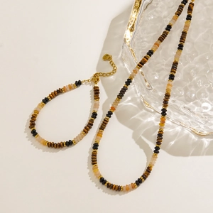 Natural Tiger Eye Stone Beaded Stainless Steel Necklace And Bracelet Jewelry With Sun Pendant For Women Vintage Style