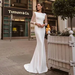 Robe De Mariée Sirène Satin Élégant Manches En Maille Dos Nu Laçage Ivoire Robe De Mariée Pour Femmes Ajustée