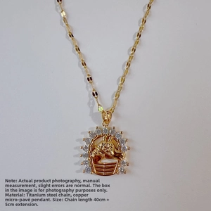 Detailed close-up of golden horse head pendant with micro-pave cubic zirconia inlay