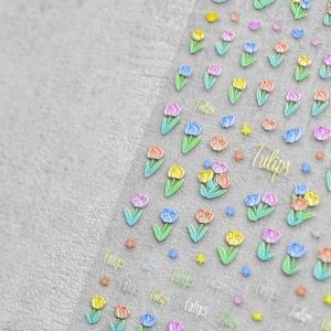 5D embossed tulip nail art stickers with 3D colorful flowers and butterfly designs