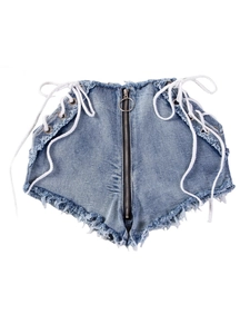 Pantaloncini di jeans a vita alta da donna con lacci laterali, zip ad anello e frange
