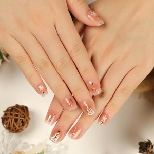 Short square press-on nails with Christmas snowflake art and gold tree design