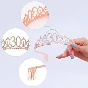 Rose gold 30th birthday crown tiara with sparkling rhinestones and metal hair combs