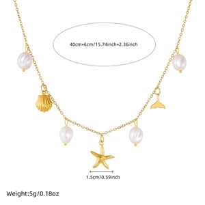 Gold stainless steel necklace with pearl and shell pendants, length 40+6cm, weight 5g