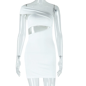 Detailed view of white one-shoulder mini dress with waist cutout on invisible mannequin