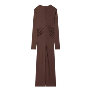 Elegant dark brown slim-fit long sleeve maxi dress featuring draped side pleats and back slit