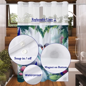 Détail du rideau de douche imperméable avec doublure amovible et aimants de lestage bas