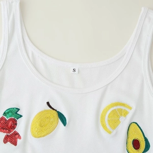 White ribbed crop top with embroidered strawberry lemon and avocado fruit sequins