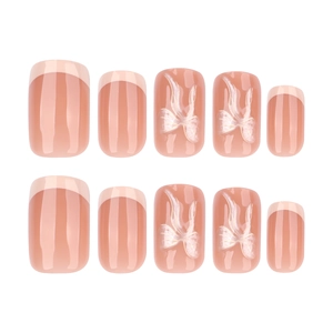 French light pink press-on nails set with 3D white bows and short square round design