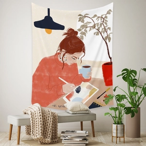 Artistic bohemian tapestry showing a woman painting in a cozy home interior setting