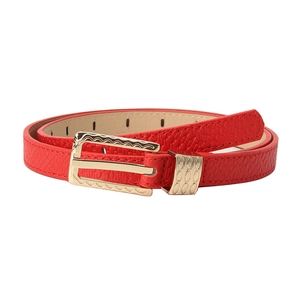 Red lychee pattern leather belt for women with elegant golden wave metal buckle