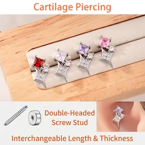Square Zircon Star Cartilage Stud Earring With Double Headed Screw Back Titanium Steel Jewelry For Women Girls Sparkly